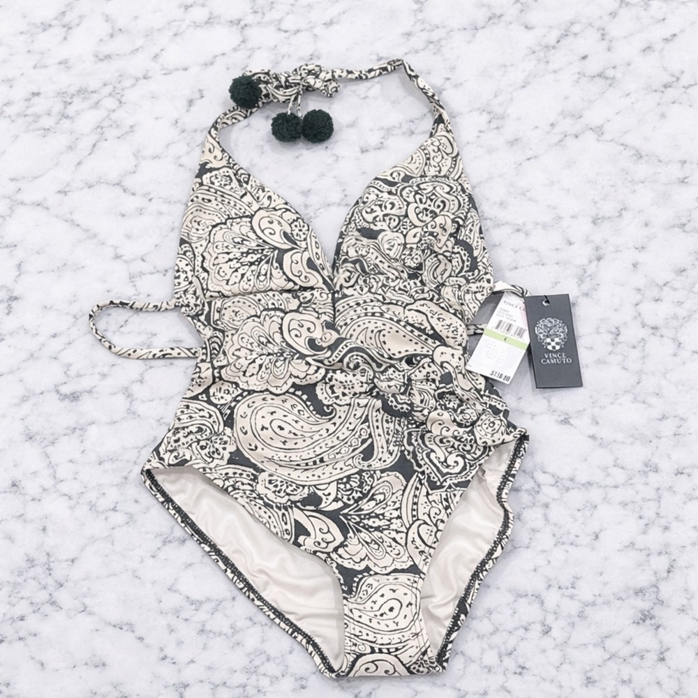 Vince Camuto Paisley Halter One Piece Swimsuit NWT Pom Detail